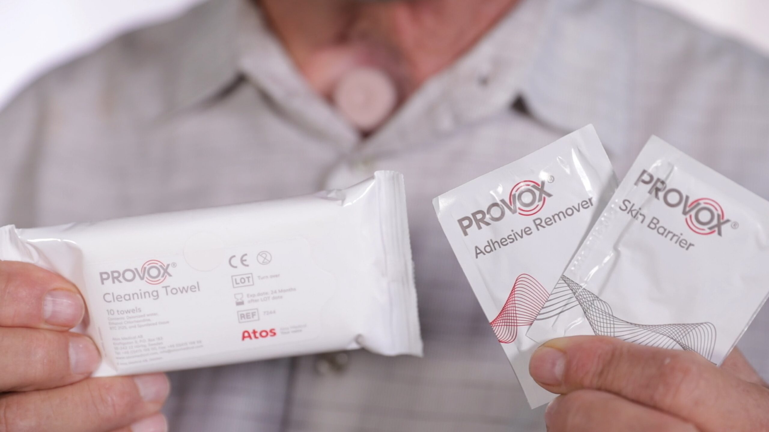 Atos provox skin barrier, adhesive remover, and cleaning towel